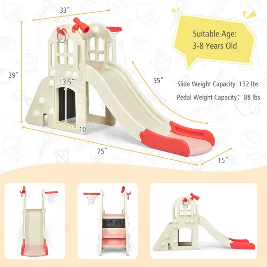 6-In-1 Large Slide for Kids Toddler Climber Slide Playset with Basketball Hoop Pink {5}