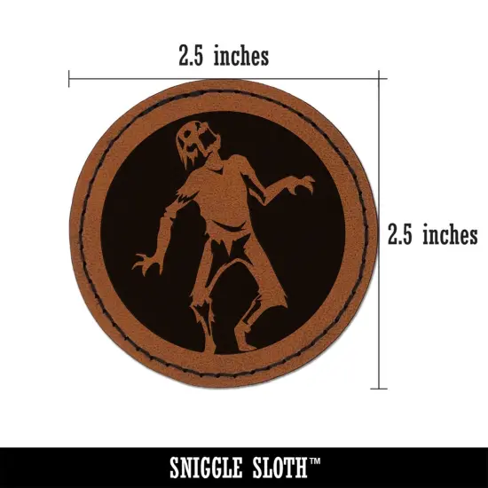Zombie Shambling Walking Undead Round Iron-On Engraved Faux Leather Patch Applique - 2.5" Brown {3}