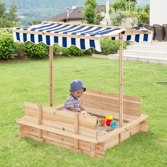 Kids Wooden Sandbox with Canopy and Foldable Bench Seats {1}