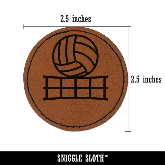Volleyball and Net Round Iron-On Engraved Faux Leather Patch Applique - 2.5" Brown {3}
