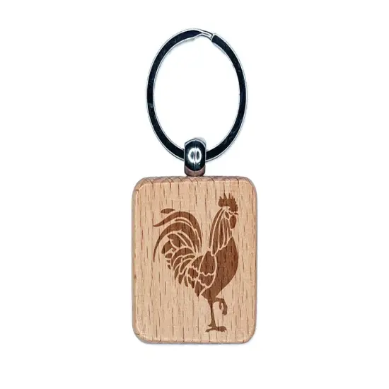 Rooster Strutting Farm Animal Chicken Engraved Wood Square Keychain Tag Charm {1}