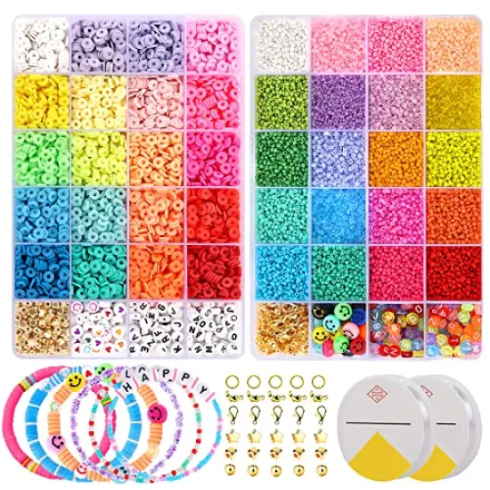 24500+ Pieces Beads for Jewelry Making Kit, Colorful Flat Round Polymer Clay Beads Glass Seed Beads for Bracelet Making Kit, Necklace Ring Heishi Beads DIY Craft Gift for Kids Girls {2}