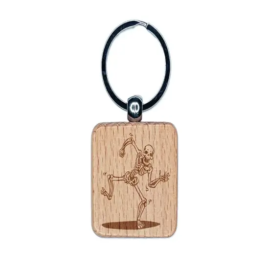 Happy Spooky Dancing Skeleton Bones Engraved Wood Square Keychain Tag Charm {1}