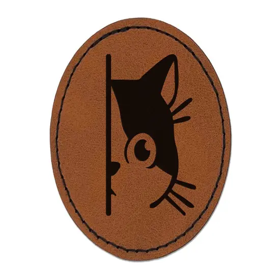 Curious Kitty Cat Hiding Peeking Around Corner Round Iron-On Engraved Faux Leather Patch Applique - 2.5" Brown {1}