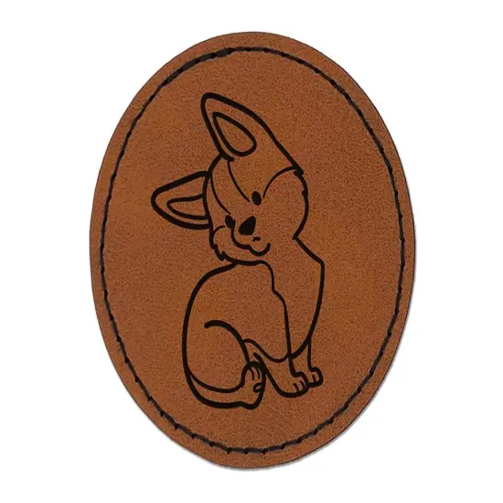 Pembroke Welsh Corgi Sitting Dog Round Iron-On Engraved Faux Leather Patch Applique - 2.5" Brown {1}