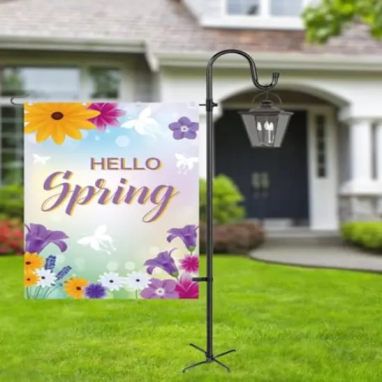 Large Garden Flag Holder Stand Pole for 28 x 40 Flags with Shepherds Hooks for Outdoor - 60 Inches Heavy Duty Yard Flag Post Stake Perfect for Outdoor Decor(Without Solar Lights & Flag) {4}