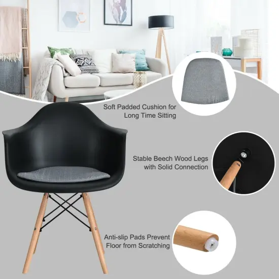Set of 2 Mid-Century Dining Arm Chairs with Wood Legs Black {5}