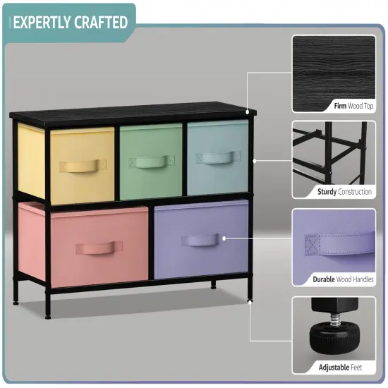 Sorbus Dresser with 5 Drawers - Storage Chest Organizer Unit with Steel Frame, Wood Top, Easy Pull Fabric Bins - Long Wide TV Stand for Bedroom Furniture, Hallway, Closet & Office Organization Pastel black {4}