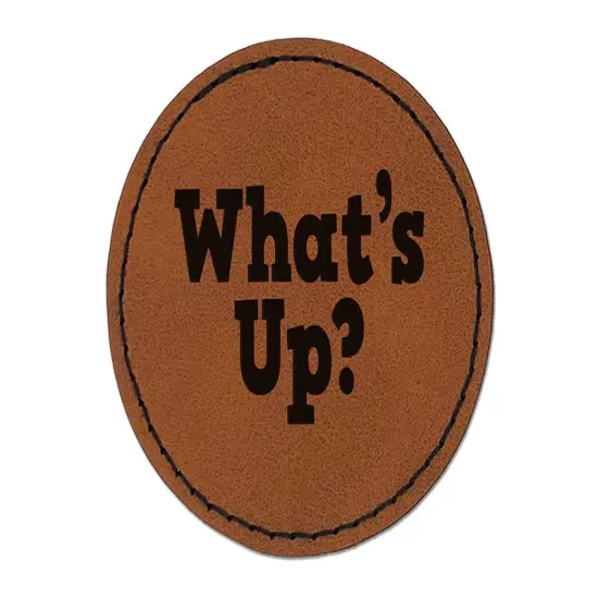 What's Up Fun Text Round Iron-On Engraved Faux Leather Patch Applique - 2.5" Brown {1}