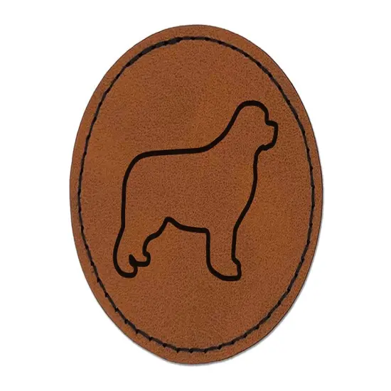 Newfoundland Dog Outline Round Iron-On Engraved Faux Leather Patch Applique - 2.5" Brown {1}