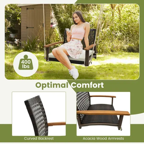 Costway Outdoor Single Swing Chair Bench 1-Person Rattan Porch Swing with Cushion {6}