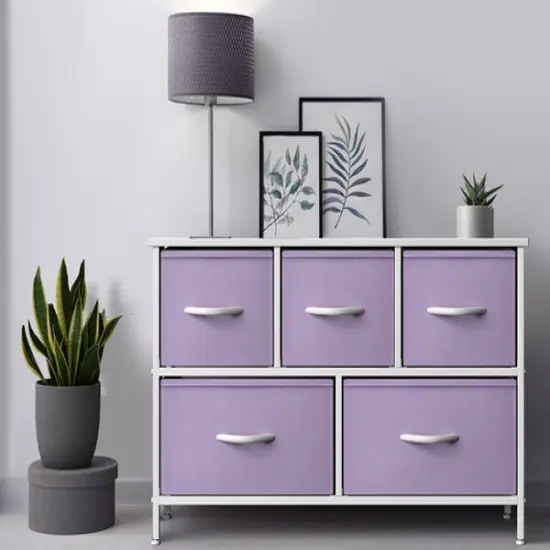 Sorbus Dresser with 5 Drawers - Storage Chest Organizer Unit with Steel Frame, Wood Top, Easy Pull Fabric Bins - Long Wide TV Stand for Bedroom Furniture, Hallway, Closet & Office Organization Purple {6}