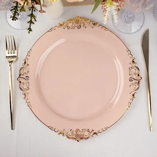 10 Pcs Disposable Plastic Salad Dinner Plates Embossed Baroque Trim Party Blush {1}