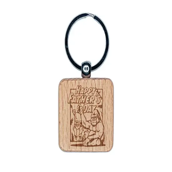 Happy Father's Day Silverback Gorilla Ape Dad Engraved Wood Square Keychain Tag Charm {1}