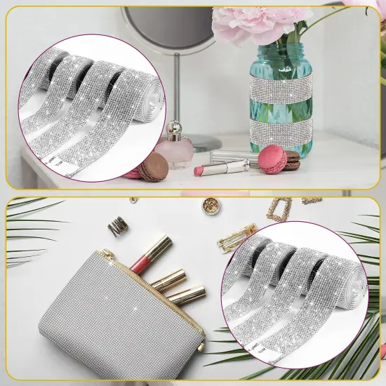 6 Rolls Self Adhesive Crystal Rhinestone Ribbon Diamond Bling Ribbons Wrap 6 Yards Mesh Glittering Sticker Roll for Arts Crafts Wedding Birthday DIY Event Car Phone Decoration (Silver) {3}