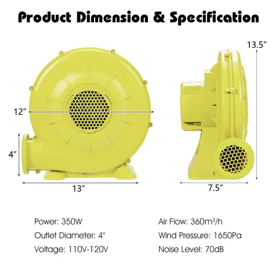 350 Watt 0.5 HP Air Blower Pump Fan for Inflatable Bounce House and Bouncy Castle-Yellow {5}