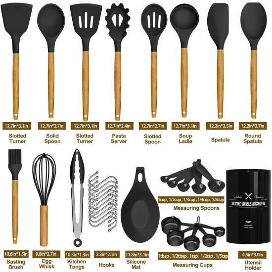 33 Pieces Chef Kitchen Cooking Utensils Set, Non-Stick Utensils Spatula Set with Holder, Black Wooden Handle Silicone Kitchen Gadgets {6}