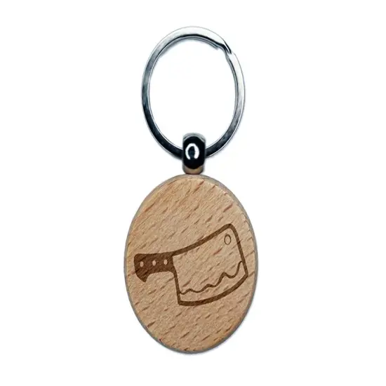 Butcher's Meat Cleaver Engraved Wood Round Keychain Tag Charm {1}