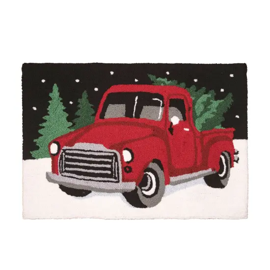 2' x 3' Farmhouse Decor Red Pickup Truck in Winter Forest Setting Hooked Acrylic Indoor Accent Rug for Living Room Dining Room Floormat {1}