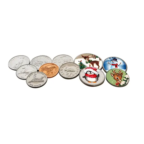 Animal Coins From Around The World And Colorized Christmas Coins In Snowman Canvas Bag {2}