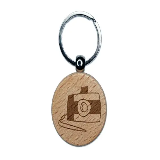 Digital Camera Doodle Engraved Wood Round Keychain Tag Charm {1}