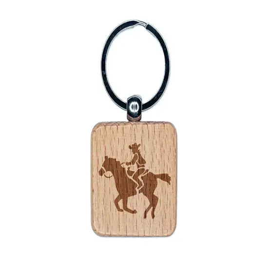 Wild Western Cowboy Riding on Horse Engraved Wood Square Keychain Tag Charm {1}