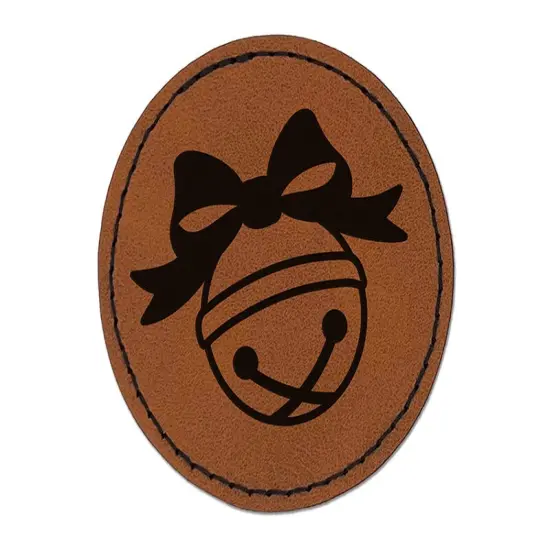 Jingle Bell Christmas Round Iron-On Engraved Faux Leather Patch Applique - 2.5" Brown {1}