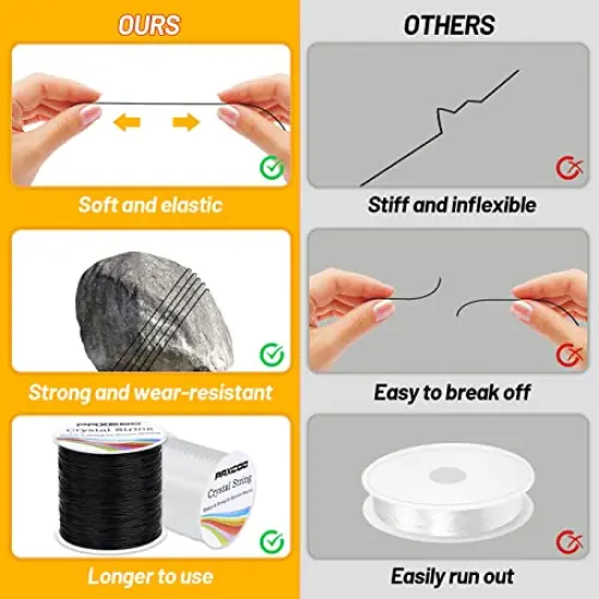 2 Rolls Elastic Stretchy Bead String Cord for Clay Beads Kandi Pony Beads Bracelets Jewelry Making (0.5MM, Crystal & Black) {6}