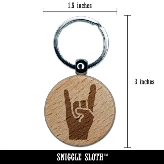 Sign of the Horns Rock and Roll Hand Gesture Engraved Wood Round Keychain Tag Charm {2}