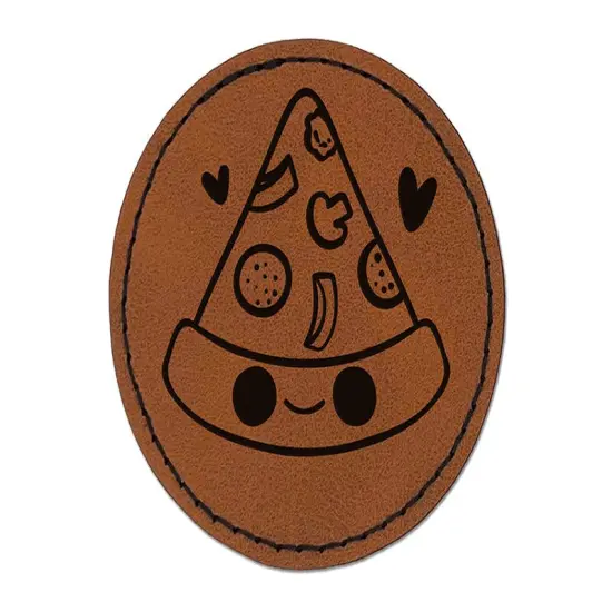 Deliciously Kawaii Chibi Pizza Slice Round Iron-On Engraved Faux Leather Patch Applique - 2.5" Brown {1}