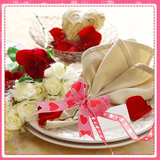 4 Rolls Valentine's Day Wired Ribbon Heart Wired Edge Ribbon Printed Heart Ribbon Polyester Wrapping Ribbon for DIY Craft Wrapping Wedding Valentine's Day Decoration, 11 Yards, 5.5 Yards {2}