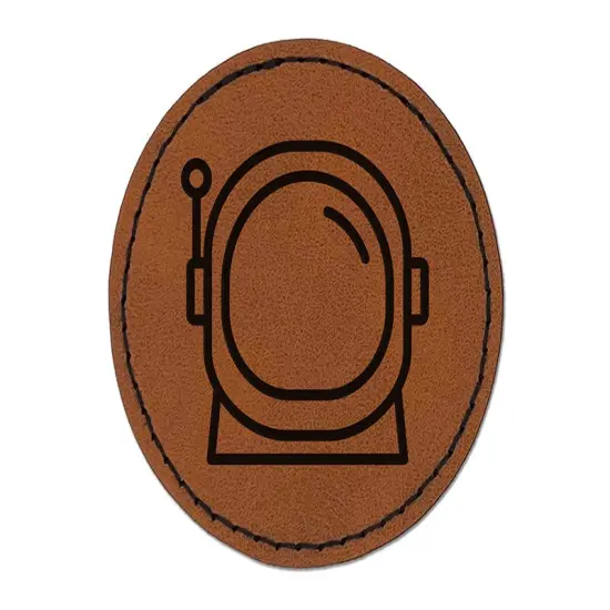 Astronaut Helmet Icon Round Iron-On Engraved Faux Leather Patch Applique - 2.5" Brown {1}
