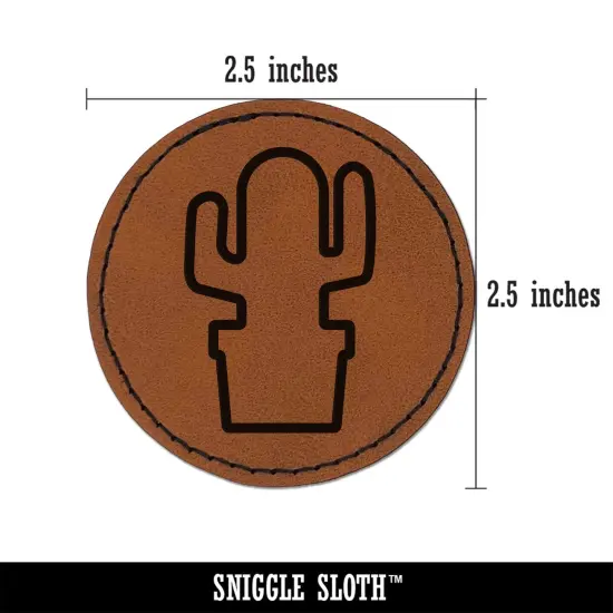 Cactus in Pot Outline Round Iron-On Engraved Faux Leather Patch Applique - 2.5" Brown {3}