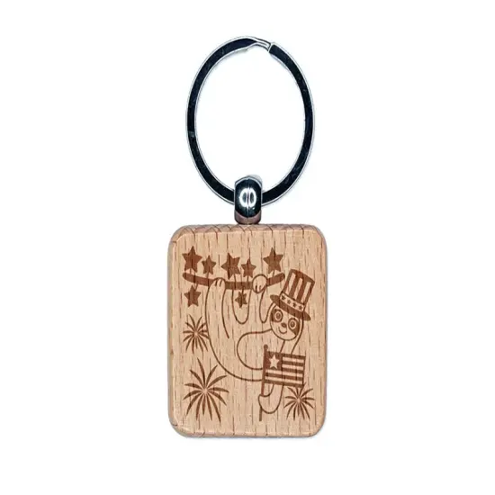 Patriotic Sloth July 4th Independence Day USA United States of America Engraved Wood Square Keychain Tag Charm {1}