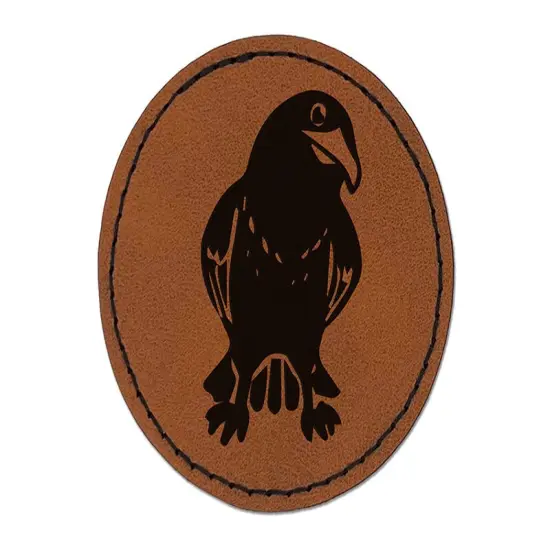 Curious Crow Raven Tilting Head Round Iron-On Engraved Faux Leather Patch Applique - 2.5" Brown {1}