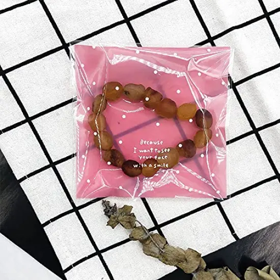 100 Pieces Lovely Small Self Adhesive Treat Bag Cellophane Bag Cookie Bag, Homemade, Party, Wedding Favor Bag, for Bakery, Biscuit, Candy - Pink (3.94" x 3.94") {5}