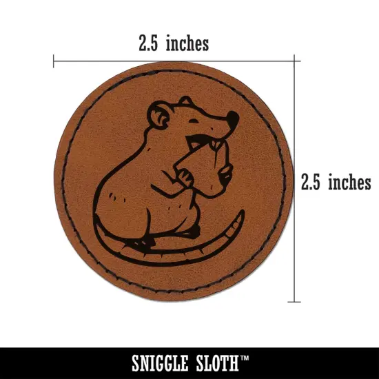 Happy Rat Eating Cheese Round Iron-On Engraved Faux Leather Patch Applique - 2.5" Brown {2}
