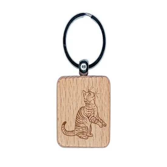 Playful Tabby Cat Domestic Shorthair Engraved Wood Square Keychain Tag Charm {1}