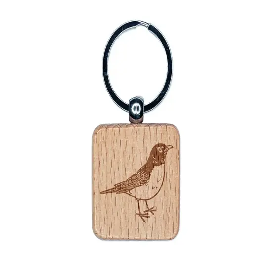 Delightful American Robin Bird Engraved Wood Square Keychain Tag Charm {1}