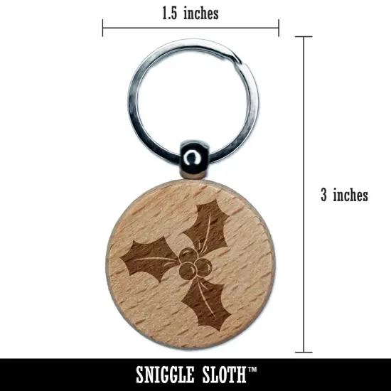 Christmas Holly Engraved Wood Round Keychain Tag Charm {2}