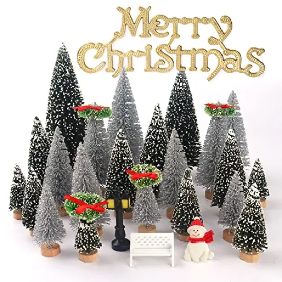 UNIPRIMEBBQ Mini Miniature Christmas Pine Tree Bottle Brush Trees Wooden Bases Tree for Your Village Desktop Xmas Holiday Party (Silver/Green 30pcs) {1}