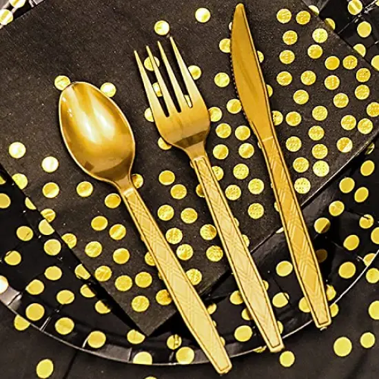 176 Pieces Gold Disposable Party Dinnerware Set &Golden Dot Disposable Party Dinnerware - Black Paper Plates Napkins Cups, Gold Plastic Forks Knives Spoons {4}