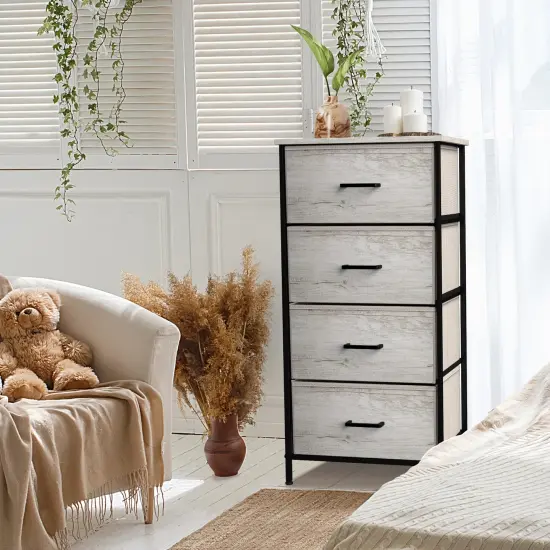 Sorbus Dresser with 4 Drawers - Bedside Furniture & Night Stand End Table Dresser with Steel Frame, Wood Top, Easy Pull Fabric Bins for Home, Bedroom Accessories, Office & Dorm Rustic Beige {2}