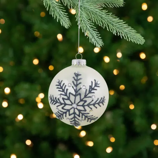 Northlight Glittered Snowflake Shiny Christmas Glass Ball Ornaments - 4" - White - Set of 2 {3}