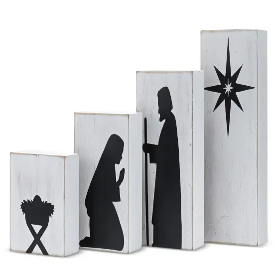Ornativity Wooden Block Nativity Scene - Black Silhouette Christmas Figures on White Painted Wood Blocks Indoor Nativity Table Top Set Decorations - 1 Set {2}
