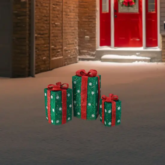 Northlight Set of 3 Lighted Tall Green Gift Boxes with Red Bows Christmas Outdoor Decorations 18" {3}