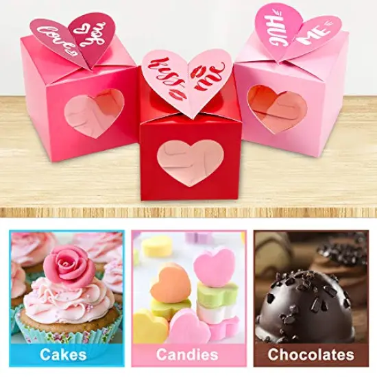 24 Pieces Valentine's Day Treat Boxes Red Rose Red Pink Heart Cardboard Box with Window 3 Inch Valentines Gift Container with Instruction for Goodie Cookie Candy Sweet Crafts Party Favor Supplies {4}