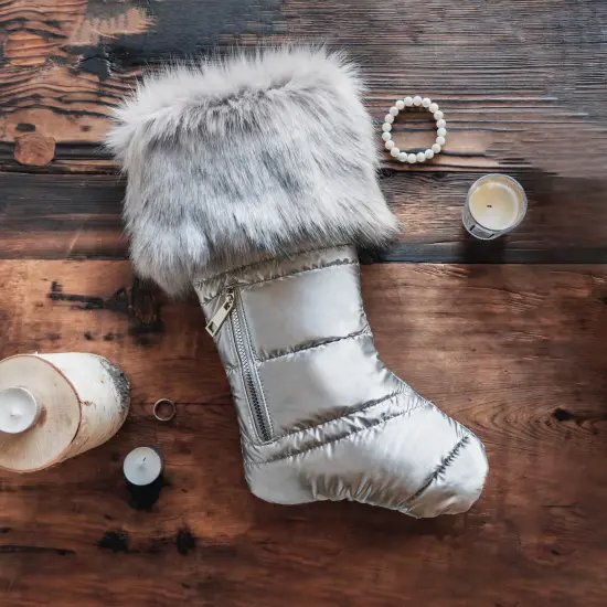 Matte Silver Puffer Christmas Stocking with Faux Fur {2}