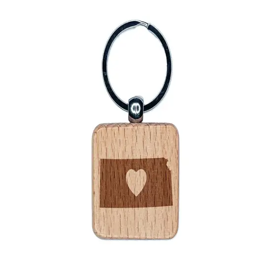 Kansas State with Heart Engraved Wood Square Keychain Tag Charm {1}