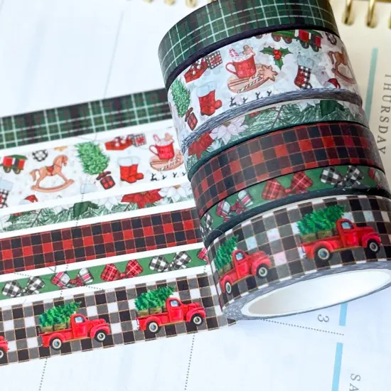 Christmas Rustic Red Truck Buffalo Plaid Green & Red Holiday Washi Tape Set (#W073) {1}
